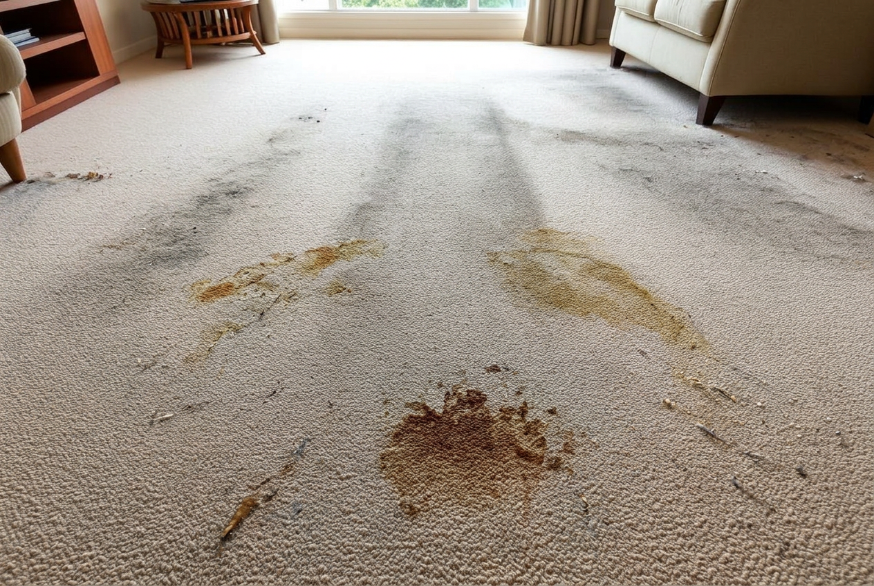Carpet before cleaning — stained with heavy traffic soiling