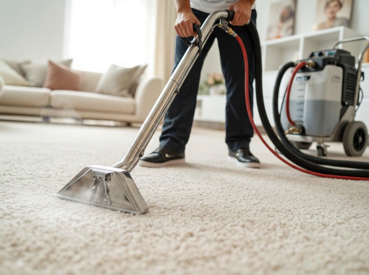 Carpet cleaning technician using a hot-water extractor in a Langley, BC home