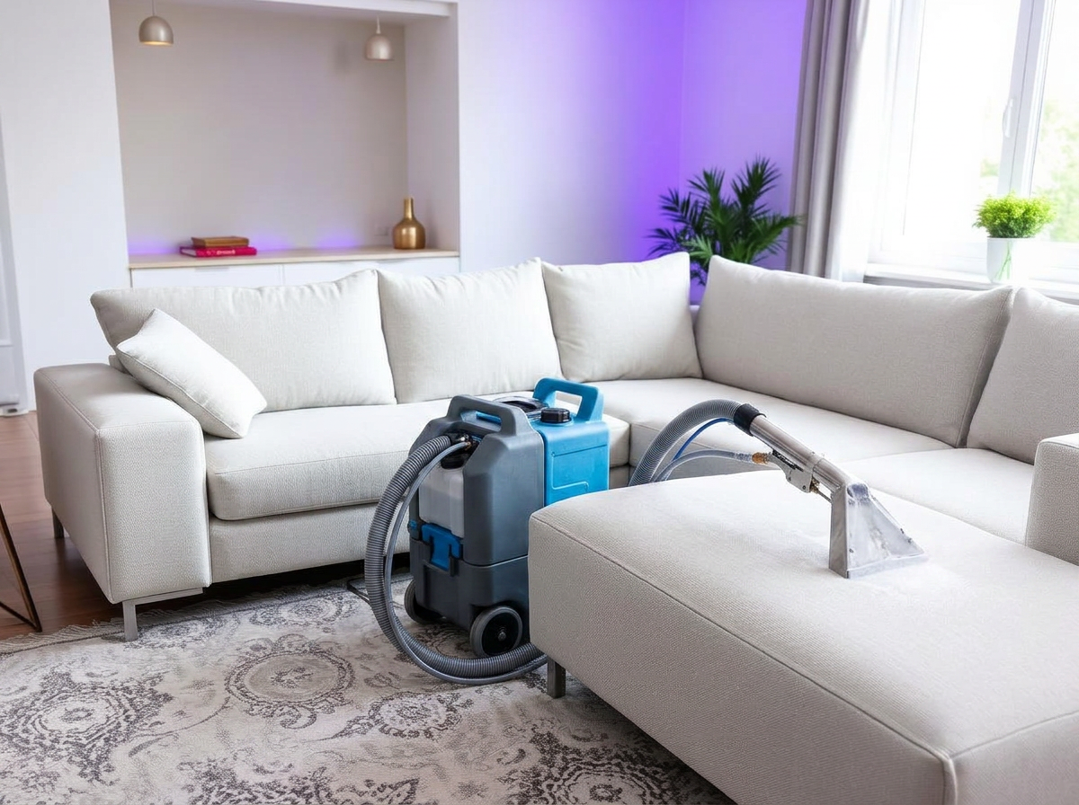 Upholstery cleaning West Coast BC — fabric sofa cleaned with a Ninja eSteam 200 extraction tool