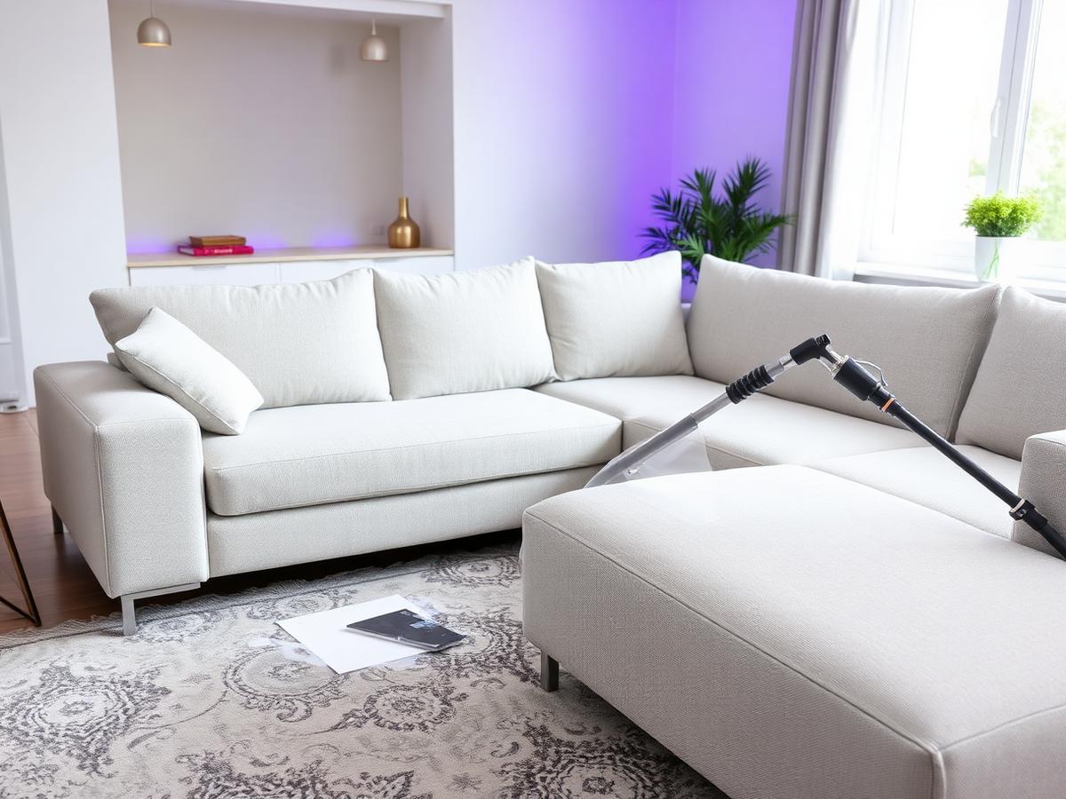 Fabric sofa being cleaned with an upholstery tool